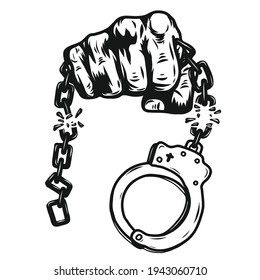 Fist with shackle by hand drawing.Graphic Hand Screen Printed T Shirt.Vector tattoo on white background