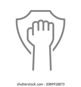 Fist with shield line icon. Hand up, revolt symbol