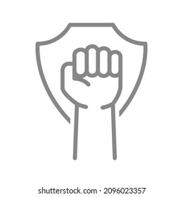 Fist with shield line icon. Hand up, protesting symbol