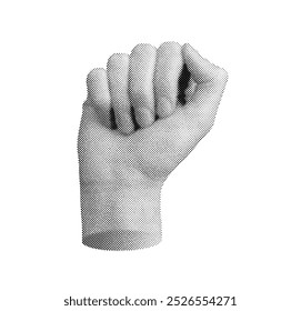 Fist sign, clenched fingers, hand gesture. Halftone style vector isolated on white background.