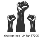 Fist silhouette set, sign of power, strength, isolated on white, raised and closed fist icons, strength, power and solidarity, Raised fist, sign of power, isolated on white