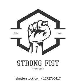 Fist silhouette. Template for bodybuilding and sport fitness logo, label, emblem, badge or branding design in retro, vintage style. Vector illustration.