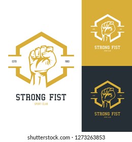 Fist silhouette. Template for bodybuilding and sport fitness logo, label, emblem, badge or branding design in retro, vintage style. Vector illustration.