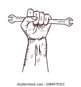 Fist Sketch. Hand Sketch With Wrench.