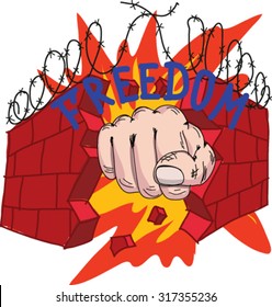 fist smashes a brick wall, concept of freedom