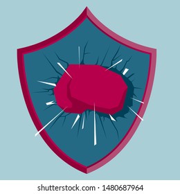 The fist smashes the shield. Isolated on blue background.