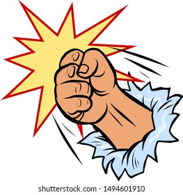 a fist smashes through the wall. Pop art retro vector illustration drawing