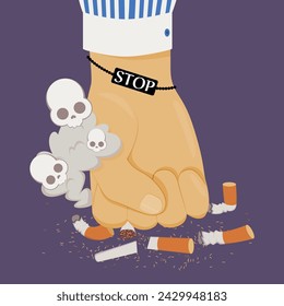 Fist smashing cigarettes vector illustration. Smoke and skulls on background. Hand with bracelet with STOP inscription as symbol of quitting smoking. Reducing tobacco consumption concept