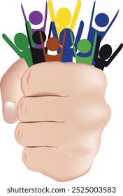 Fist is squeezing a group of people raising their arms in the air, a concept of oppression