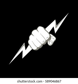 The fist squeezing a lightning. The vector illustration symbolizing force, the power. A logo, a sign for the power companies, fight club. Design element. Vector illustration