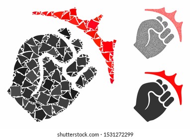 Fist strike composition of abrupt parts in variable sizes and color tinges, based on fist strike icon. Vector tremulant dots are united into collage. Fist strike icons collage with dotted pattern.