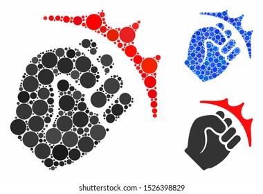 Fist strike mosaic for fist strike icon of small circles in different sizes and shades. Vector small circles are grouped into blue composition. Dotted fist strike icon in usual and blue versions.