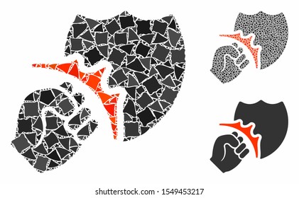 Fist strike shield composition of irregular items in different sizes and color tints, based on fist strike shield icon. Vector joggly items are combined into composition.