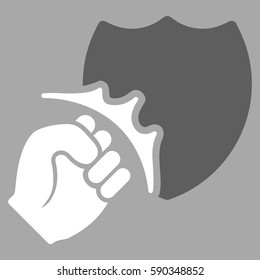 Fist Strike Shield vector icon. Flat bicolor dark gray and white symbol. Pictogram is isolated on a silver background. Designed for web and software interfaces.