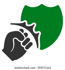 Fist Strike Shield vector icon. Flat bicolor green and gray symbol. Pictogram is isolated on a white background. Designed for web and software interfaces.