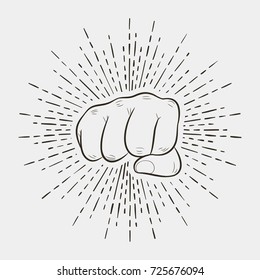 Fist with sunburst, human hand in vintage style with retro sunrays. Design for sports logo. Vector illustration.