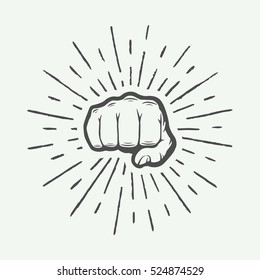 Fist with sunbursts in vintage style. Graphic art. Vector illustration

