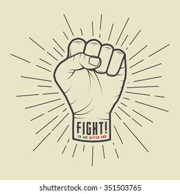 Fist with sunbursts in vintage style. Vector illustration
