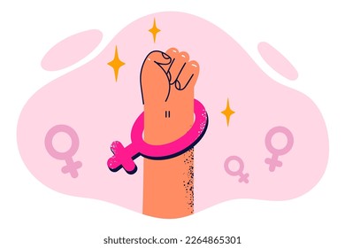 Fist with symbol of Venus symbolizes feminist protest and protection of women rights in fight for gender equality. Fist of participant in feminist demonstration against gender rules 