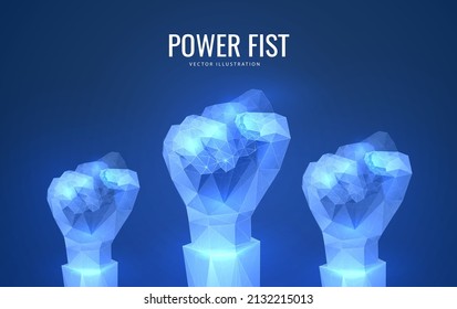 Fist as a symbol of victory and revolution in a futuristic polygonal style on a blue background. Poster for protests or uniting people with a leader. Vector illustration of a glowing 3d hand model