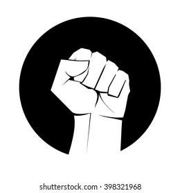 Fist symbol White fist in black circle lifted up in protest or riot gesture vector illustration