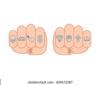 Fist with tattoos on fingers. Skull and brass knuckles. Heart and dollar. Brilliant and rose. Cross and Crown
