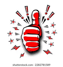 Fist with thumb up in comic style. Vector on transparent background