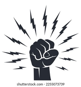 Fist with thunder and lightning around, strike, protest and conflict symbol, power gesture, vector