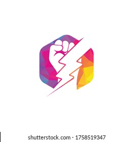 Fist Thunder Power Logo Design. Hand hold thunder logo design.
