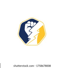 Fist Thunder Power Logo Design. Hand hold thunder logo design.