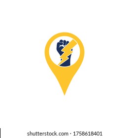 Fist Thunder Power map pin shape concept Logo Design. Hand hold thunder logo design.