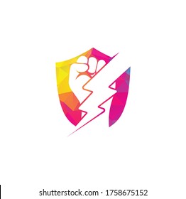 Fist Thunder Power shield shape concept Logo Design. Hand hold thunder logo design.