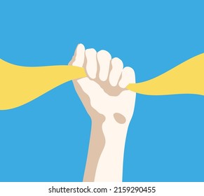 Fist up. Raised hand. Ukrainian yellow blue flag. Patriotic poster