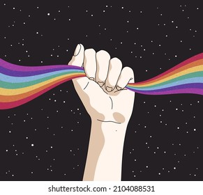 Fist up. Raised human hand. LGBT flag. Rainbow in space. Starry sky