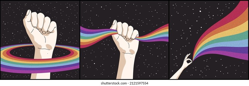 Levantar. Levanté la mano humana. Bandera LGBT. Arcoiris en el espacio. cielo estrellado