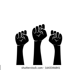 Fist up, three hands raised with clenched fists, black silhouette. Vector illustration, flat cartoon, eps 10. Concept: sign of unity, solidarity, struggle for women's rights, symbol of strength.