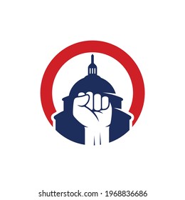 Fist Vector With Capitol Hill Building Silhouette. Logo Template, Emblem Or Banner