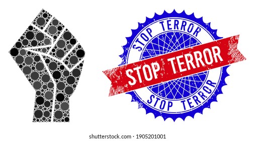 Fist vector composition of sharp rosettes and STOP TERROR rough stamp print. Bicolor STOP TERROR stamp seal uses rosette shape, red and blue colors. Rosettes are composed into fist vector mosaic.