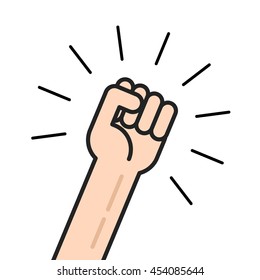 Fist vector icon isolated on white background, hand with shaking fist raised up, concept of election, motivated employee, person shouting, achievement, leadership punch