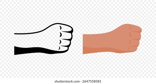 Fist Vector Illustration. Punch Hand Gesture Icon Set. Cartoon and Silhouette Strong Fist, Power Symbol, Protest Gesture, Strength, Fight Concept Design Element, Raised Hand Sign