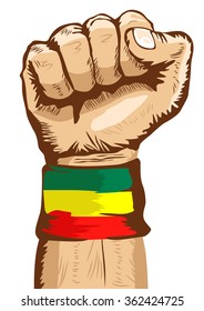 fist wearing a flag of Ethiopia wristband clenched tight