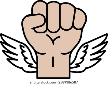 A fist with wings is shown in a white background. The fist is raised in a powerful manner, while the wings are spread wide, giving the impression of freedom and strength