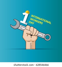 Fist with wrench on labor day. May 1st International workers day concept.Vector illustration.