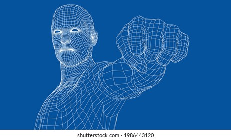 Fist of young fighter. Vector rendering of 3d. Wire-frame style. The athlete stretches out his hand, clenches his fist and looks in the direction of the fist