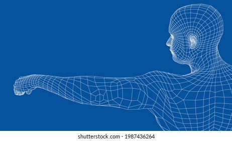 Fist of young fighter. Vector rendering of 3d. Wire-frame style. The athlete stretches out his hand, clenches his fist and looks in the direction of the fist