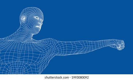 Fist of young fighter. Vector rendering of 3d. Wire-frame style. The athlete stretches out his hand, clenches his fist and looks in the direction of the fist