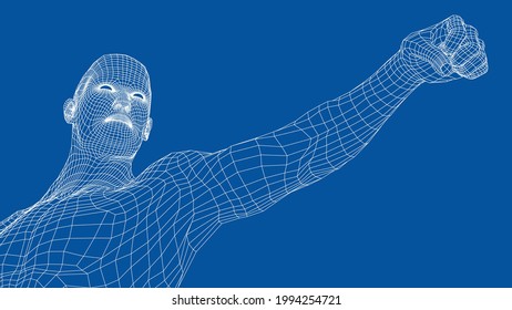 Fist of young fighter. Vector rendering of 3d. Wire-frame style. The athlete stretches out his hand, clenches his fist and looks in the direction of the fist