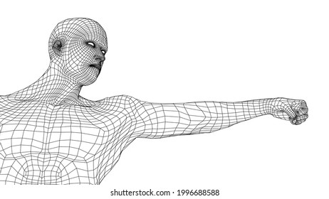 Fist of young fighter. Vector rendering of 3d. Wire-frame style. The athlete stretches out his hand, clenches his fist and looks in the direction of the fist