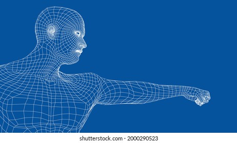 Fist of young fighter. Vector rendering of 3d. Wire-frame style. The athlete stretches out his hand, clenches his fist and looks in the direction of the fist