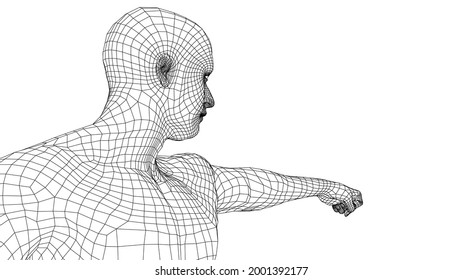 Fist of young fighter. Vector rendering of 3d. Wire-frame style. The athlete stretches out his hand, clenches his fist and looks in the direction of the fist